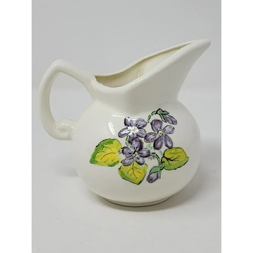 Vintage Hand Painted Ceramic Small‎ Pitcher/Creamer Blue Flowers Green Leaves